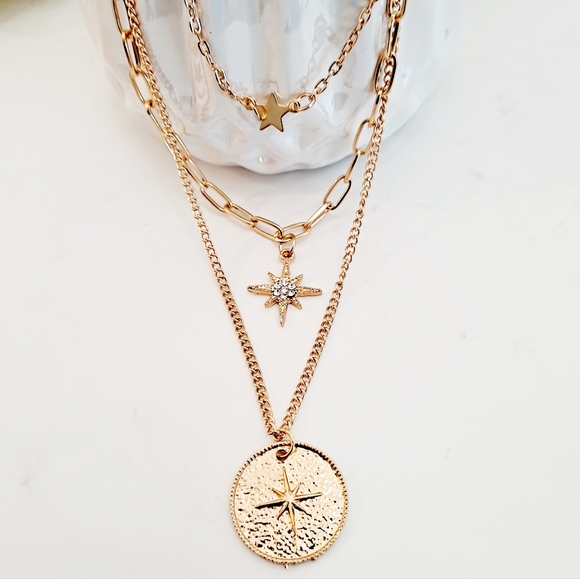 Chunky Gold chain layered boho statement necklace set star pendant charm - Picture 4 of 10